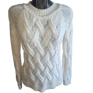 Cocogio Women's White Chunky Cable Knit Crew Neck Sweater M